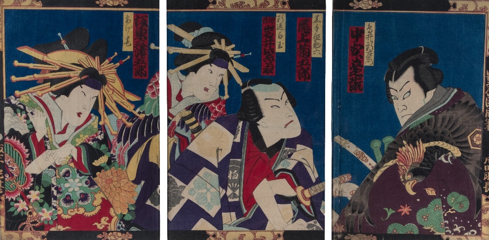 Toyohara Kunichika (1835-1900) Actors in a play, triptych, woodblock, 33cm x 69cm