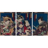 Toyohara Kunichika (1835-1900) Actors in a play, triptych, woodblock, 33cm x 69cm