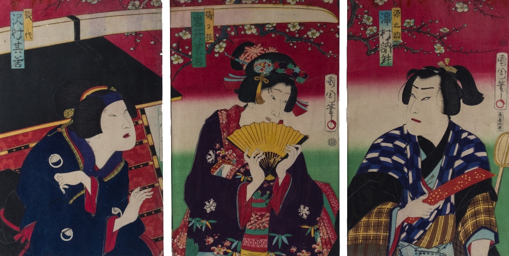 Toyohara Kunichika (1835-1900) Three beauties under a cherry blossom tree, triptych, woodblock, 33cm