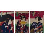 Toyohara Kunichika (1835-1900) Three beauties under a cherry blossom tree, triptych, woodblock, 33cm