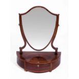 A MAHOGANY SWING TOILET MIRROR with bow fronted base, 48cm w x 62cm h