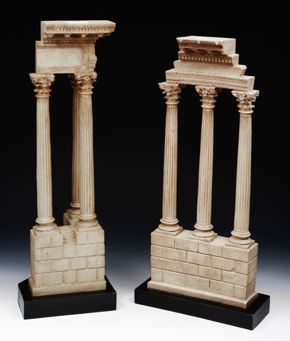 A PAIR OF 'GRAND TOUR' STYLE FAUX ALABASTER TEMPLE RUINS of corinthian column form, 59cm & 57cm h (