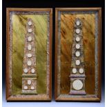 A PAIR OF 'GRAND TOUR' STYLE SIMULATED OBELISKS with applied plaster intaglios, framed, 53 x 26cm