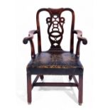 A GEORGE III MAHOGANY ARMCHAIR with ribbon splat back and chamfered legs, 62cm w