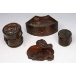 A COLLECTION OF FOUR JAPANESE BRONZE ITEMS, a shaped box, 8.5cm dia, a cylindrical box with shibyama