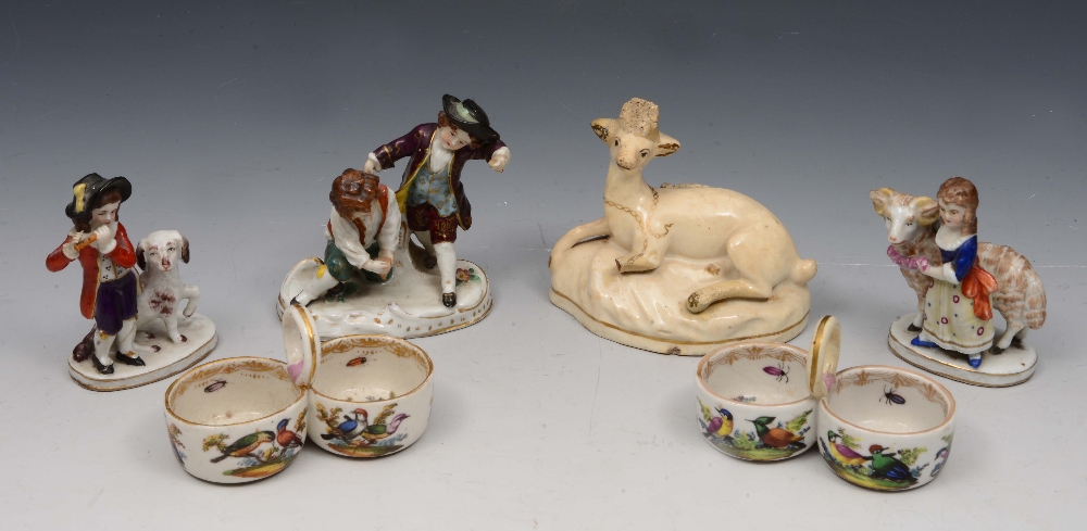 A PAIR OF CONTINENTAL PORCELAIN SALTS with bird decoration, 9cm w; three miniature porcelain