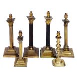 A PAIR OF BRASS CORINTHIAN COLUMN TABLE LAMPS, 44cm h; and four further similar (6)