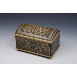 AN 18TH CENTURY EBONY AND IVORY INLAID CASKET with velvet lined interior, 19cm w x 12cm d x 11.5cm