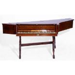 AN 18TH CENTURY MAHOGANY AND STRING INLAID SPINET, the case with brass strap hinges, the burr wood