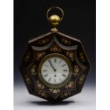 A TOLEWARE, SIMULATED ROSEWOOD, WALL CLOCK with white enamel dial and painted flower decoration,