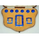 A BLUE ENAMEL AND SILVER SET OF SIX BUTTONS, two shoe buckles and a belt buckle by Henry Matthews,