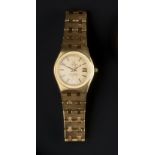 A LADY'S 18T GOLD 'SEAMASTER' QUARTZ WRISTWATCH BY OMEGA, the circular gilt dial with baton