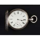 A VICTORIAN SILVER HUNTER POCKET WATCH, the white enamel dial with Roman numerals and subsidiary