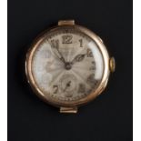 A 9CT GOLD WATCH HEAD BY ROLEX, the circular signed dial with Arabic numerals, subsidiary seconds