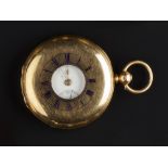 AN 18CT GOLD HALF HUNTER POCKET WATCH, the white enamel dial with Roman numerals and subsidiary