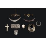 A COLLECTION OF BROOCHES, comprising a diamond and gem set crescent brooch (three stones deficient),