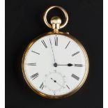 A VICTORIAN 18CT GOLD OPEN FACE POCKET WATCH, the white enamel dial with Roman numerals and