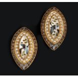 A PAIR OF REVERSE CARVED INTAGLIO BROOCHES, circa 1870, each navette-shaped polychrome panel