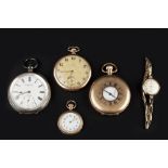 A COLLECTION OF WATCHES, comprising a 9ct gold half hunter pocket watch, the white enamel dial