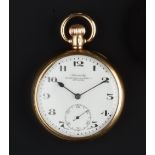 A 9CT GOLD OPEN FACE POCKET WATCH, the white enamel dial with Arabic numerals and subsidiary seconds