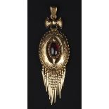 A PAIR OF VICTORIAN GARNET SET DROPS, each oval panel applied with ropetwist wirework decoration and