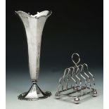 A SILVER TRUMPET VASE of flared form with fluted sides and applied scrolled edges, 21cm high,