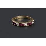 A RUBY AND DIAMOND HALF HOOP RING, alternately set with round brilliant-cut diamonds and pairs of