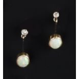 A PAIR OF OPAL AND DIAMOND EAR PENDANTS, each oval cabochon opal suspended from a linear drop,