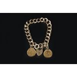 A 9CT GOLD CURB-LINK BRACELET, with padlock clasp, suspending two half sovereign pendants, length