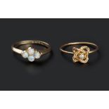 TWO GEM SET DRESS RINGS, the first set with a quatrefoil-shaped cluster of cabochon opals, 18ct gold