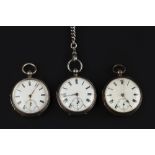 THREE VICTORIAN SILVER OPEN FACE POCKET WATCHES, each with white enamel dial, Roman numerals and