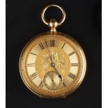 TWO 18CT GOLD OPEN FACE POCKET WATCHES, the first with floral engraved dial, Roman numerals and