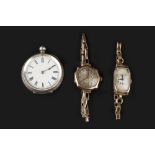 THREE WATCHES, comprising two 9ct gold cased lady's wristwatches, the first with octagonal dial, the