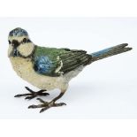 A BERGMAN STYLE BRONZE COLD PAINTED SCULPTURE of an Eurasian blue tit signed Geschutzt, 7cm high