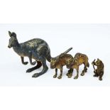 A BERGMAN STYLE BRONZE COLD PAINTED SCULPTURE of a kangaroo, a pair of camels and a small bear