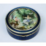 A FRENCH BLUE GUILLOCHE ENAMEL, SILVER AND SILVER GILT CIRCULAR BOX with hinged lid inset a