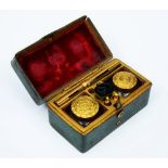 A FRENCH GREEN SHAGREEN TRAVELLING WRITING BOX with gilded fitments, twin inkwells and glass seal,