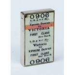 A VICTORIAN SILVER AND ENAMELLED RAILWAY TICKET VESTA CASE, London 1885 makers mark S.M., 5.5 x 3cm