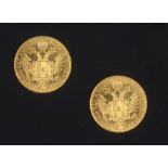 TWO AUSTRO-HUNGARIAN ONE DUCAT COINS (2)