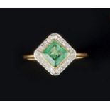 AN EMERALD AND DIAMOND PANEL RING, the square step-cut emerald in millegrain collet setting,