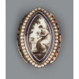 A GEORGIAN MEMORIAL NECKLACE CLASP, the navette-shaped ivory panel painted en grisaille to depict