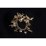 A CHARM BRACELET, the 9ct gold double curb-link bracelet suspending a collection of assorted gold