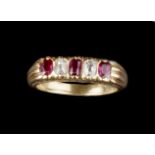 A RUBY AND DIAMOND FIVE STONE RING, alternately set with oval mixed-cut rubies and cushion-shaped