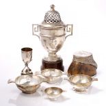 POLO INTEREST: A FRENCH SILVER TWO HANDLED POLO TROPHY CUP with pierced cover and wooden plinth