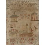 AN 18TH CENTURY CHILD'S SAMPLER depicting a sailing ship in full sail and two classical buildings,