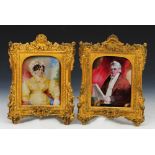 A PAIR OF 19TH C MINIATURE PORTRAITS OF A GENTLEMAN in red topcoat and a lady in yellow dress,