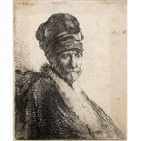 REMBRANDT VAN RIJN etching, H.22.B321-iii, bust of a man wearing a high cap, three-quarters right (