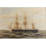 F. C. JONES a three masted naval vessel flying the White Ensign, inscribed verso 'HMS Conquest', oil