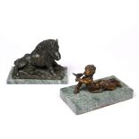 A BRONZE FIGURE OF A WARTHOG on naturalistically modelled base and green marble plinth, 15cm wide;