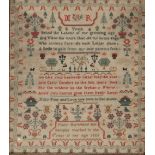 A SAMPLER by Mary Rowland dated 1825 with poem and prayer within a field of flowers, birds and